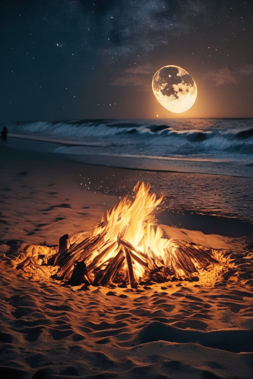 a bonfire on the beach at night with the moon in the sky