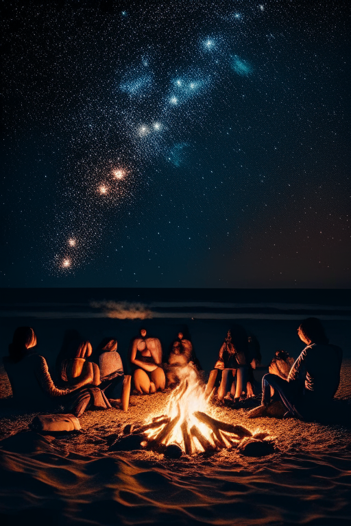 a group of people sitting around a bonfire on the beach at night with stars twinkling in the sky