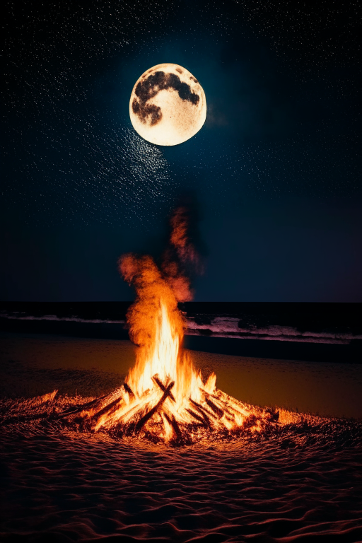 a large bonfire on the beach at night with the moon shining bright