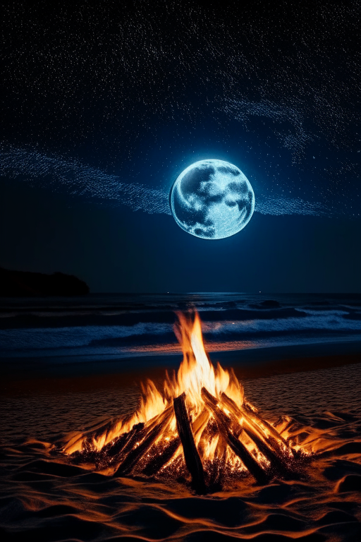 a bonfire on the beach at night with the moonlight reflecting off the ocean waves