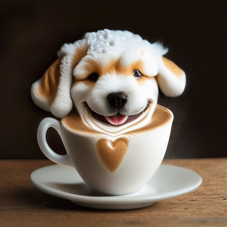 a happy puppy drinking a latte with heart-shaped foam art