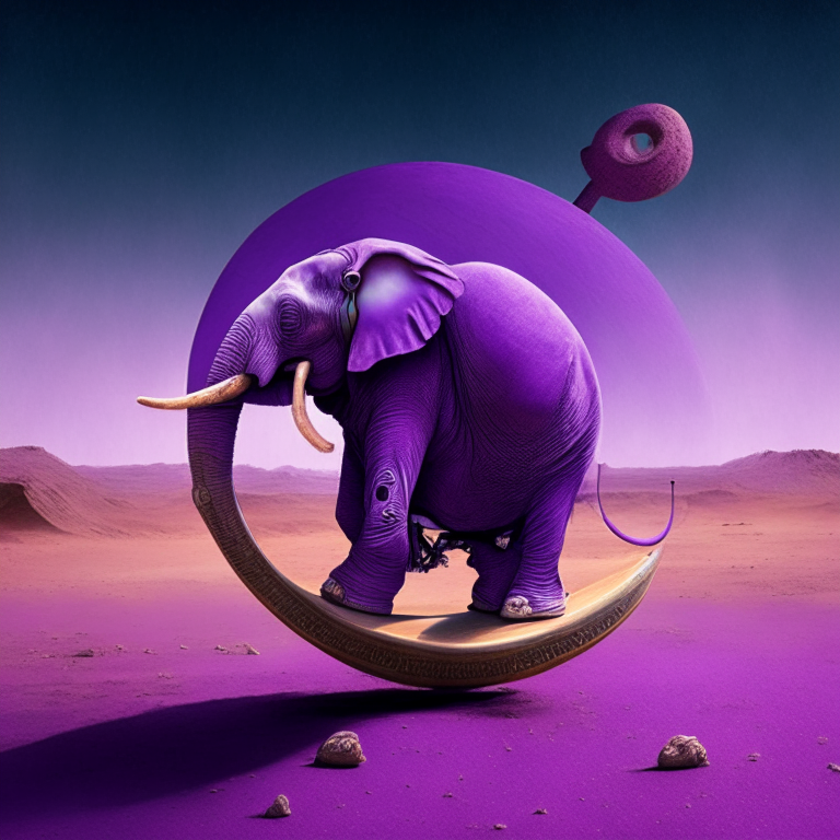 a purple elephant riding a unicycle on Mars