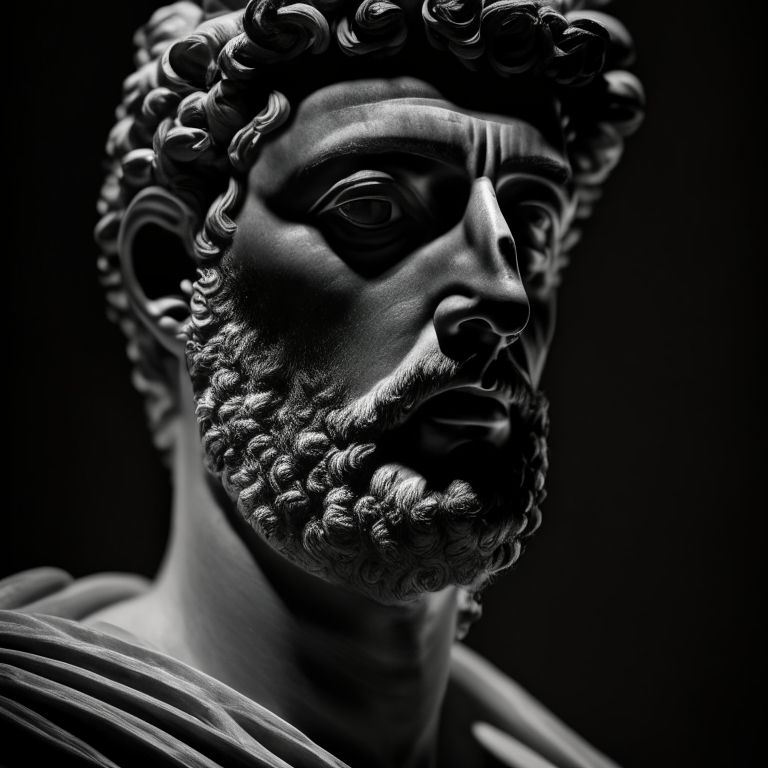 "a portrait of the stoic marcus aurelius, in the style of film photograph, black and white, film grain, highly detailed, masterpiece, realistic, soft lights, cinematic focus"
