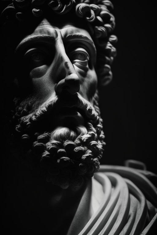 "a portrait of the stoic marcus aurelius, in the style of film photograph, black and white, film grain, highly detailed, masterpiece, realistic, soft lights, cinematic focus"
