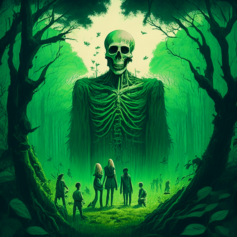 death looming over a happy philosopher and his family in the middle of a green,fruitful forest 