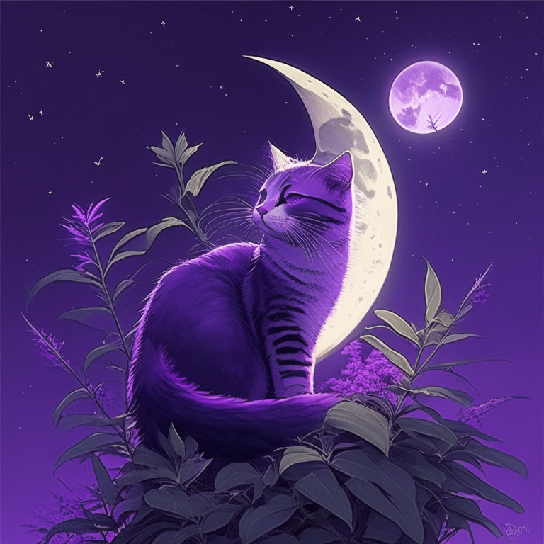 Gato de anime violeta con una luna y estrella en la frente y una planta