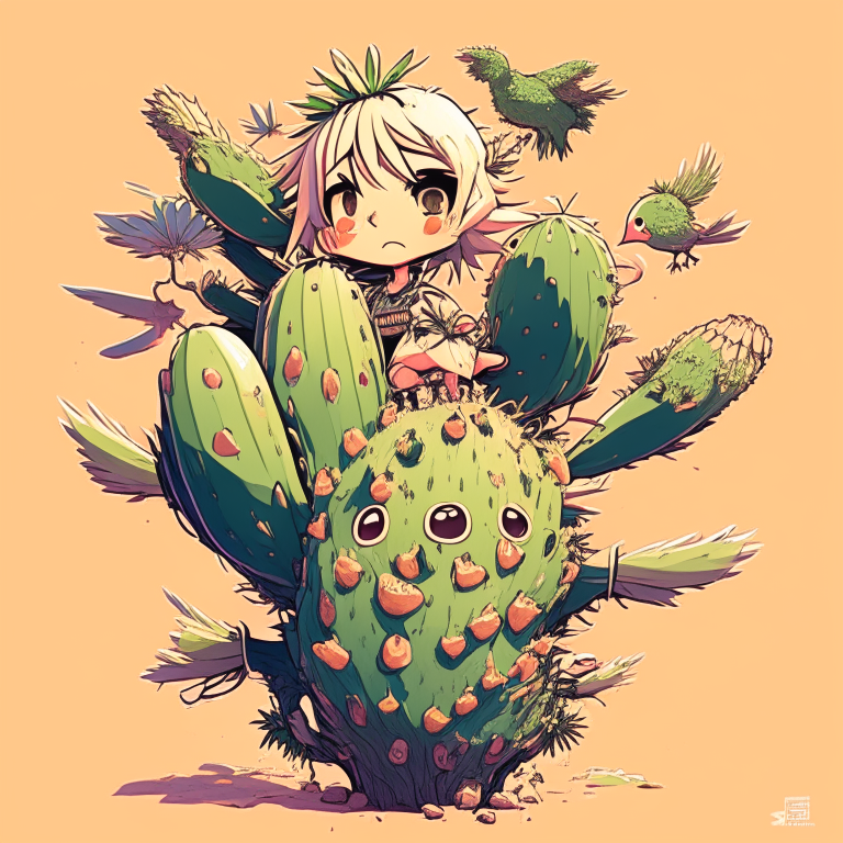 Cactus anime con cara y pájaros en un árbol 