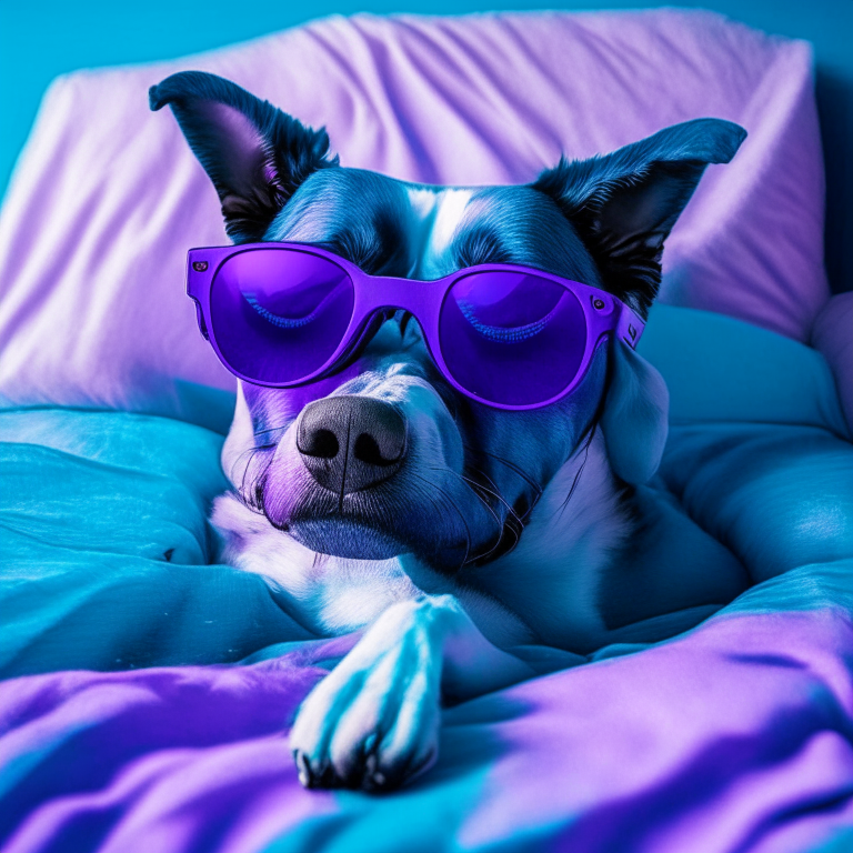 Perro de color beill en una cama violeta y azul con lentes