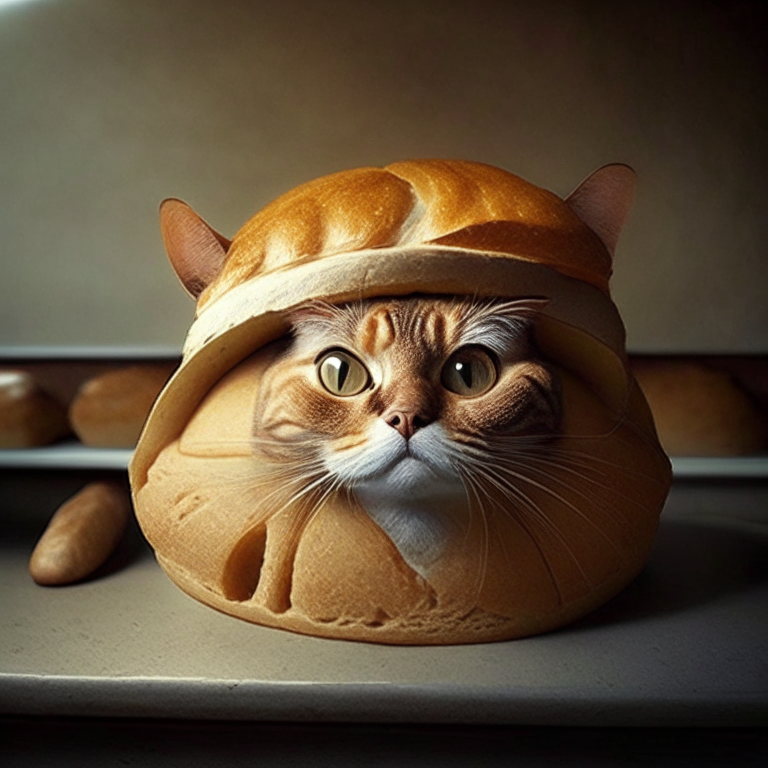 Un gato que tiene un pan en la cabeza