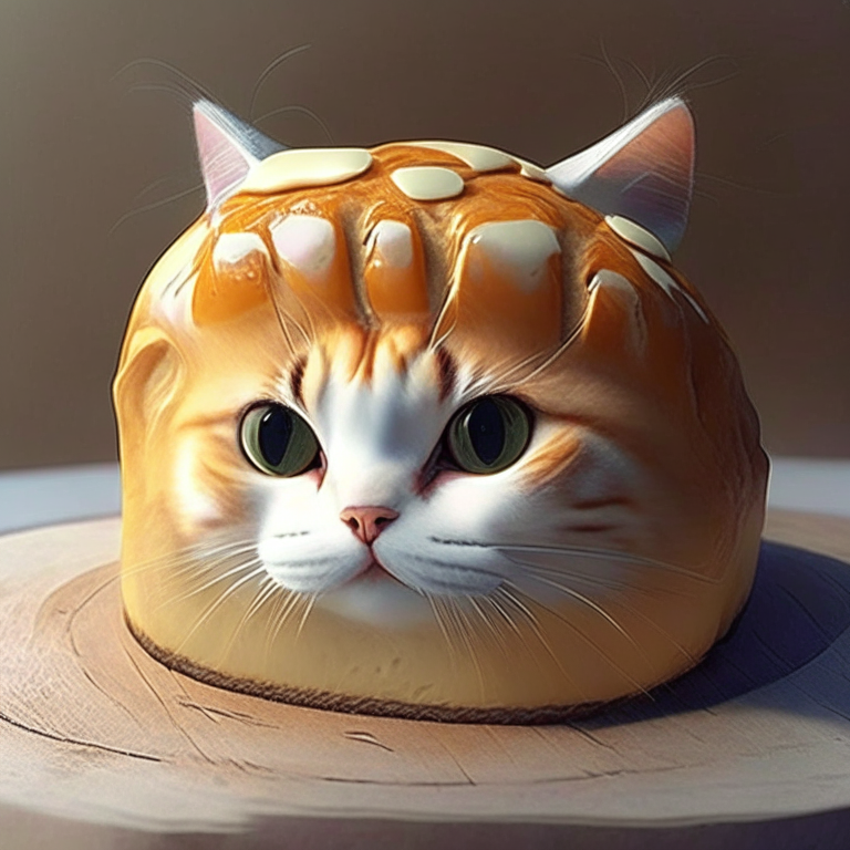 Un gato que tiene un pan en la cabeza anime y 3d