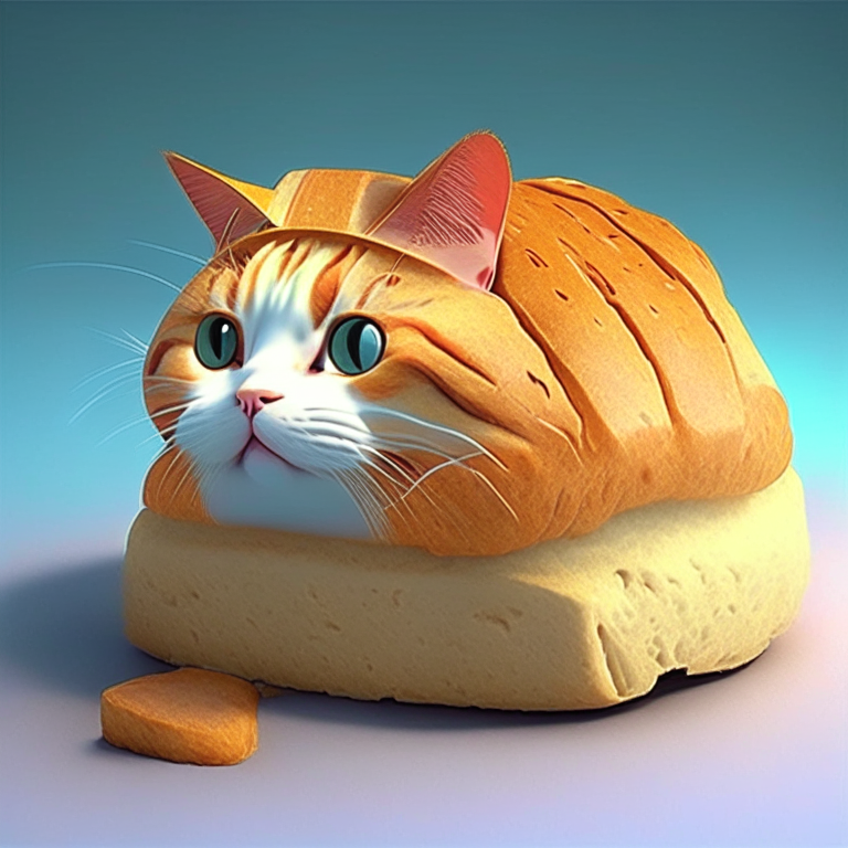 Un gato con un pan en la cabeza anime 3d