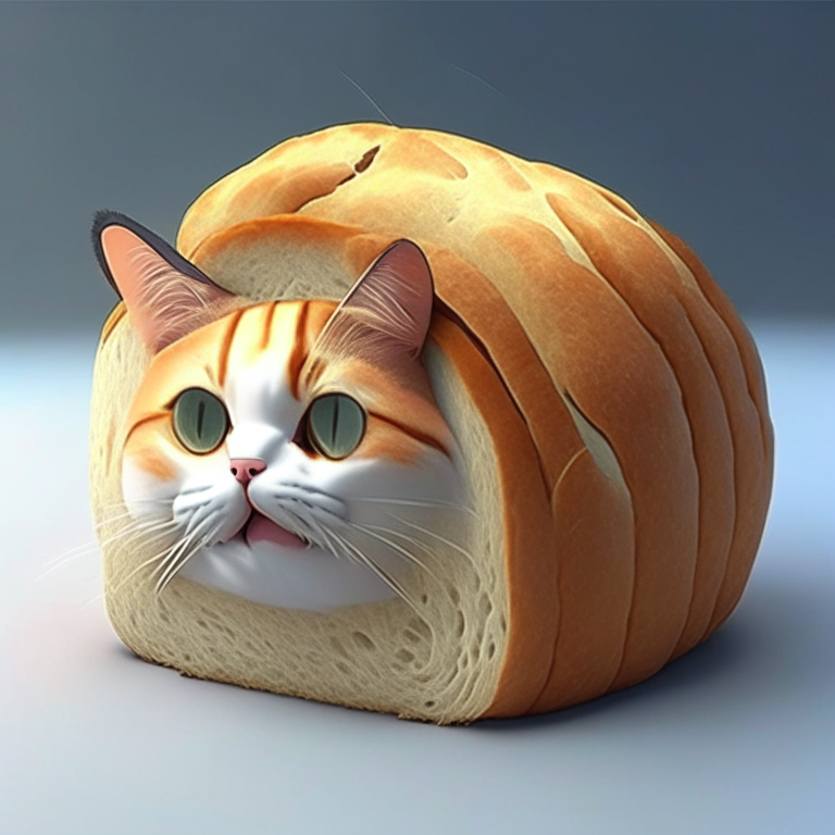 Un gato con un pan en la cabeza anime 3d