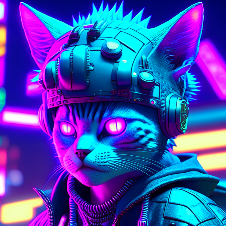 Un gato con un pan en la cabeza anime 3d. Luces de neón ciber punk