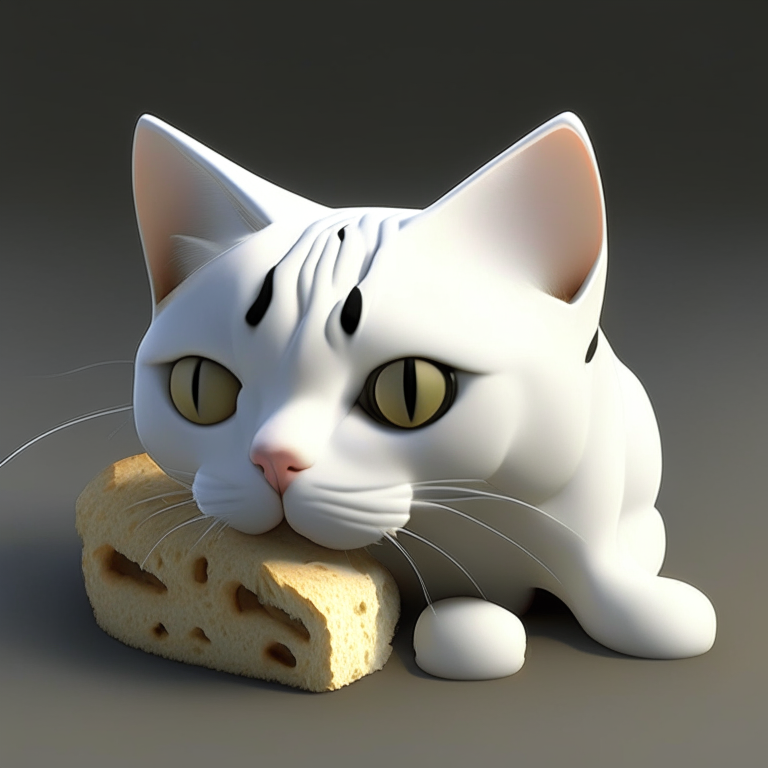Gato  blanco con manchas negra, con un pan en la cabeza anime 3d 