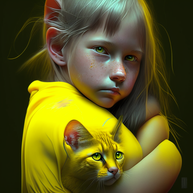 Gato amarillo en brazos de una niña . Hiperrealista 8k. Con neón futurista