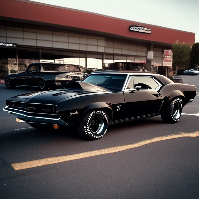 The full car body of a 1967 Black Chevrolet Camaro parked in a fast food parking lot