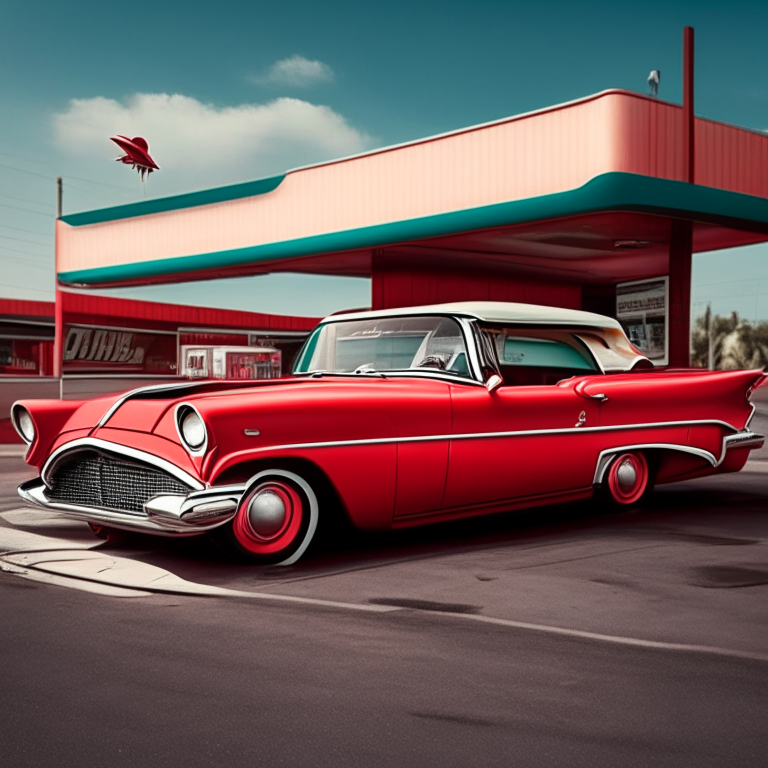 The full car body of a red 1957 Ford Thunderbird parked in a fast food parking lot