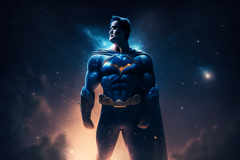 a hyperrealistic, cinematic-still portrait of a superhero, standing in a heroic pose, with a determined expression and a backdrop of a star-filled night sky