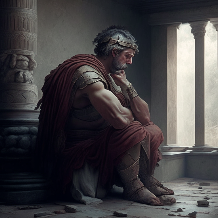 stoic philosopher preparing himself to go to war in a calm but courageous manor