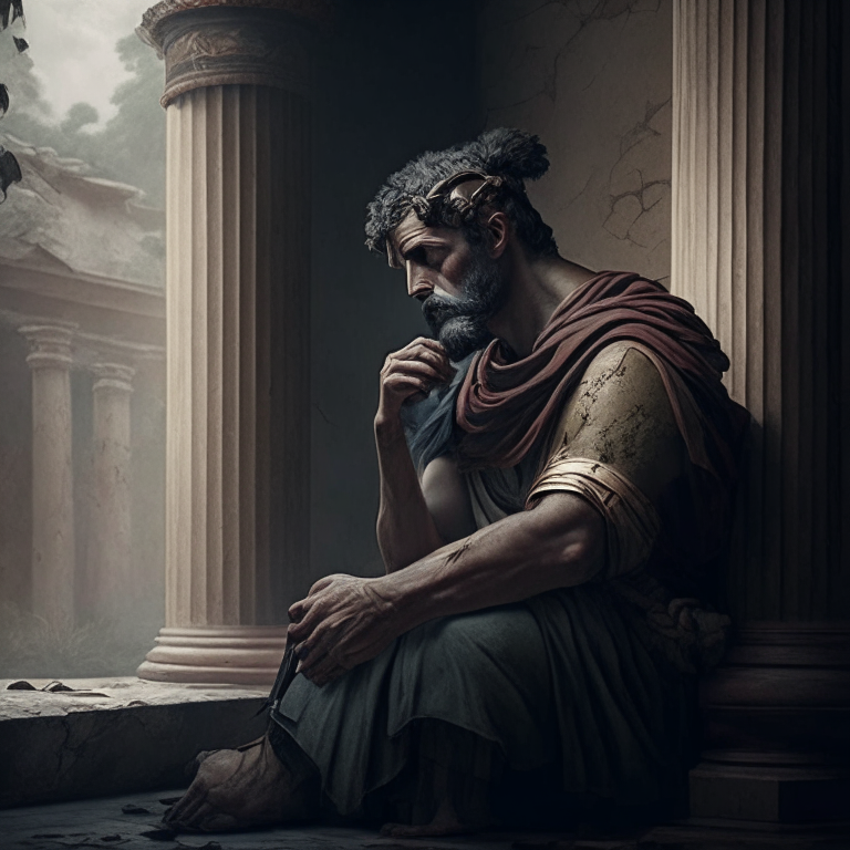 stoic philosopher preparing himself to go to war in a calm but courageous manor