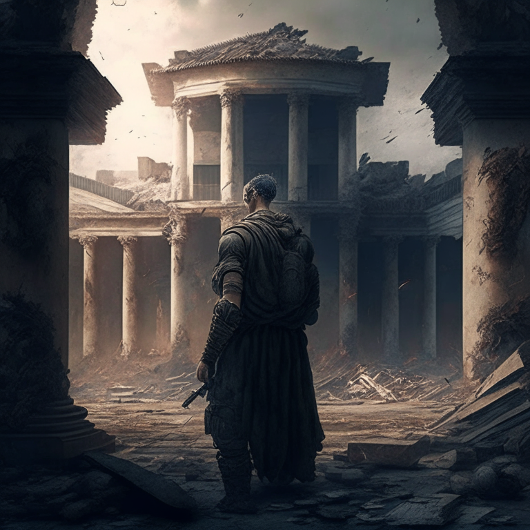 stoic philosopher preparing himself for war in the middle of a apocalyptic senario in a calm and courageous manor