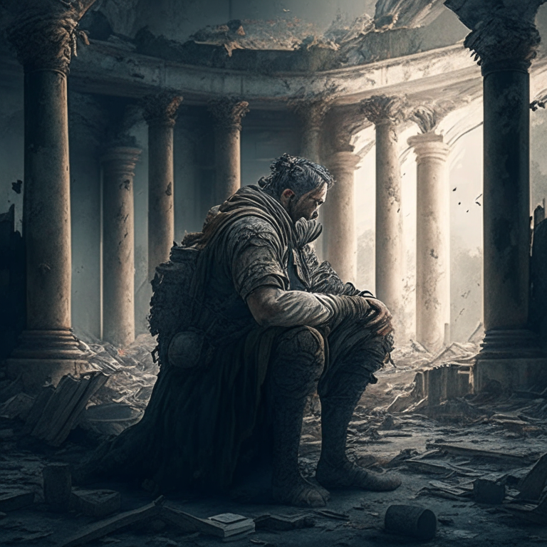 stoic philosopher preparing himself for war in the middle of a apocalyptic scenario in a calm and courageous manor