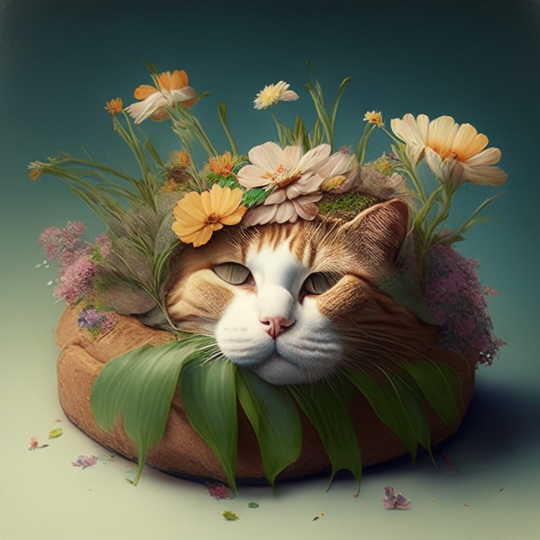 Gato con un pan en la cabeza y alado una planta con flores