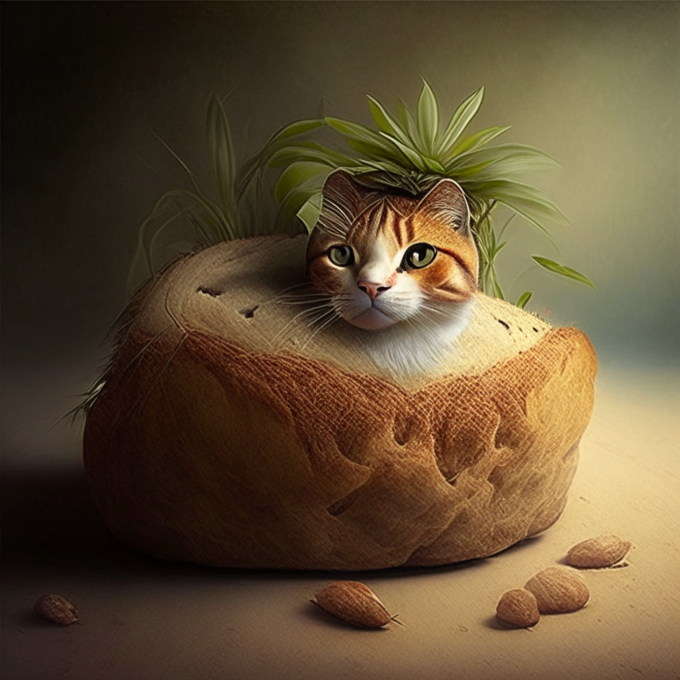 Gato con un pan en la cabeza y una planta al lado 