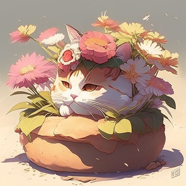 Gato  eSTILO ANIME con un pan  en la cabeza y una planta con flores al costado del gato 