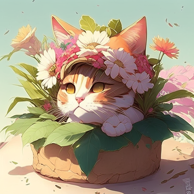 Gato  eSTILO ANIME con un pan  en la cabeza y una planta con flores al costado del gato 