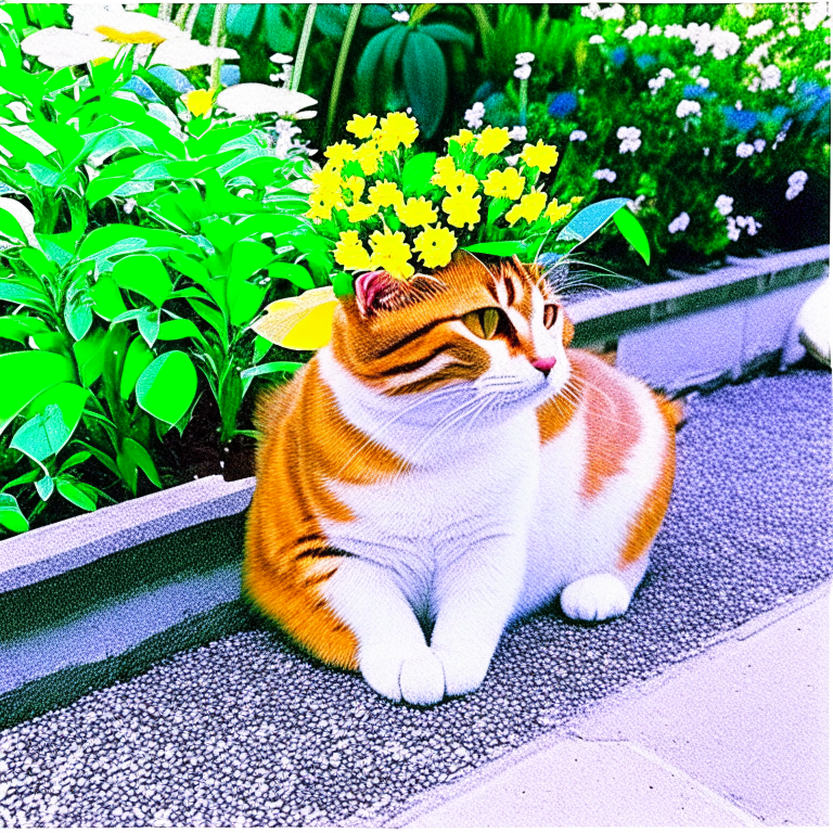 Gato  eSTILO ANIME con un pan  en la cabeza y una planta con flores al costado del gato 