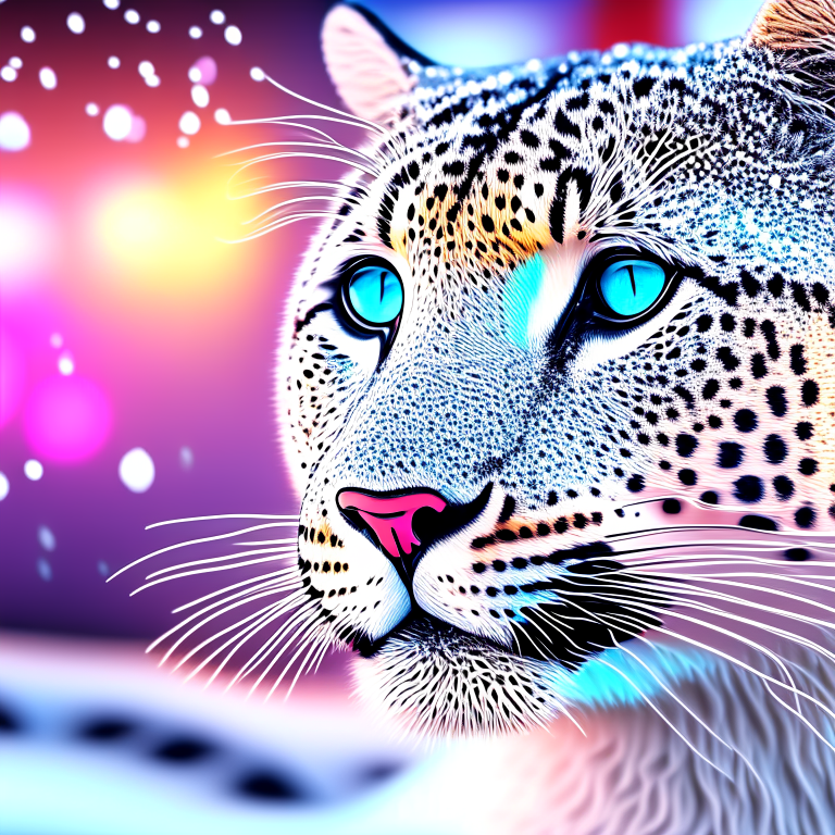 a vibrant colored snow panther :: meowing expression :: zoomed in close up, intricate details, award winning photography, bokeh render, dusk hour. 3D clay render, at night, pretty