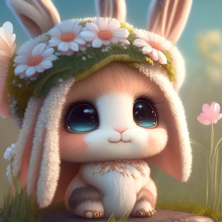 cute chibi fantasy, the chibi bunny is cute and tender, the bunny is long soft fur, the fur has mix florescent , big, tender eyes, fine beautiful eyelash, the chibi bunny has elegant floral hat, background has field, two carrots, little butterfly.