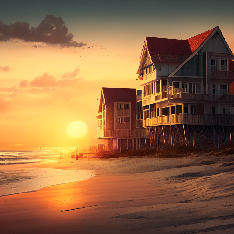 Sunset on the beach, beachfront with buildings and house