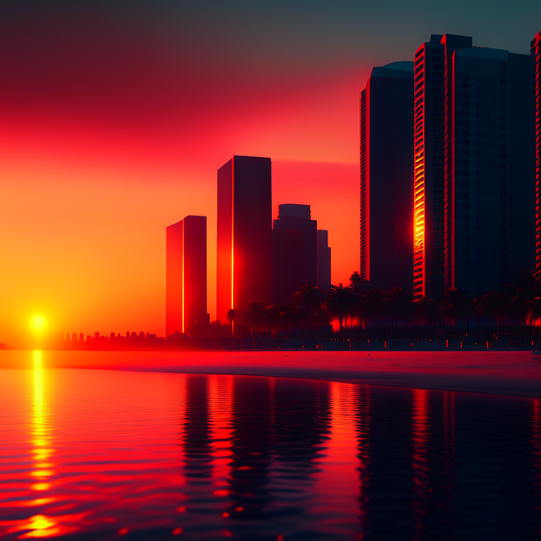 Sunset on the beach, by the sea. waterfront with modern buildings, great resolution, cinematic, medium realistic