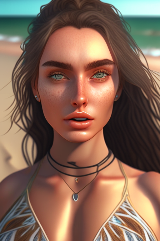 Waist high Portrait of an exotic beautiful caucasian woman wearing trendy clothing at a beach,  perfect detailed face, detailed symmetric hazel eyes with circular iris, realistic, stunning realistic photograph, 3d render, octane render, intricately detailed, cinematic, trending on artstation, Isometric, Centered hipereallistic cover photo, awesome full color, hand drawn, dark, gritty, mucha, klimt, erte 12k, high definition, cinematic, neoprene, behance contest winner, portrait featured on unsplash, stylized digital art, smooth, ultra high definition, 8k, unreal engine 5, ultra sharp focus, intricate artwork masterpiece, ominous, epic, TanvirTamim, trending on artstation, by artgerm, h. r. giger and beksinski, highly detailed, vibrant