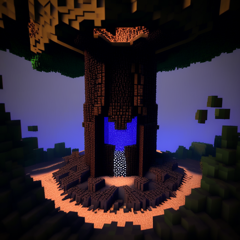 armored nether portal, 8k, spiral tower, minecraft dirt, trees