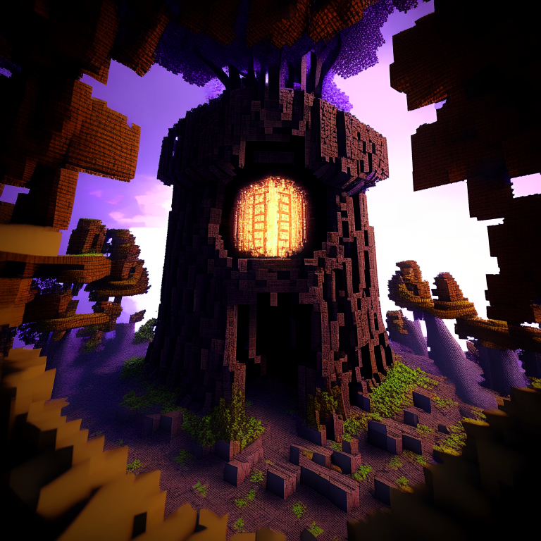 armored nether portal, 8k, spiral tower, minecraft dirt, trees