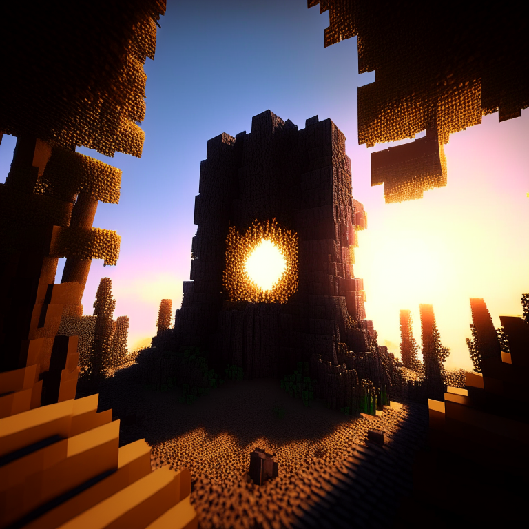 armored nether portal, 8k, spiral tower, minecraft dirt, trees, sunny, godrays sun