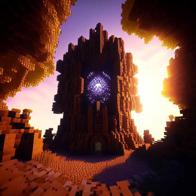 armored nether portal, 8k, spiral tower, minecraft dirt, tree city, sunny, godrays sun