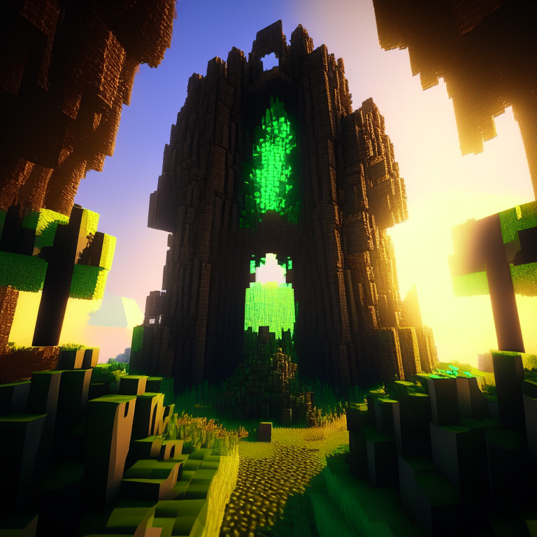 armored nether portal, 8k, spiral tower, minecraft bushes, city, sunny, godrays sun. green tne