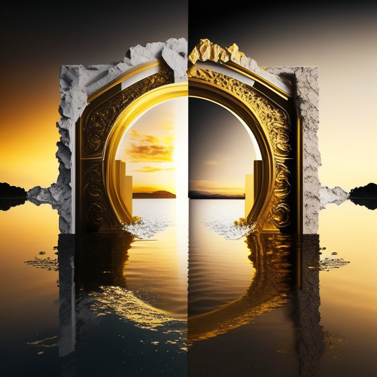 nether portal, gold bricks, gold filigree, one portal white marble; the other portal black marble, 2 portals left and right seasons. Gold sunset over water