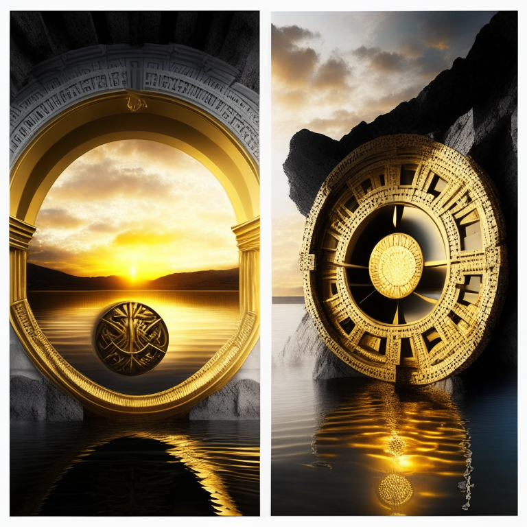 nether portal, gold bricks, gold filigree, one portal white marble; the other portal black marble, 2 portals left and right seasons. Gold sunset over water, bank vault metal wheel theme