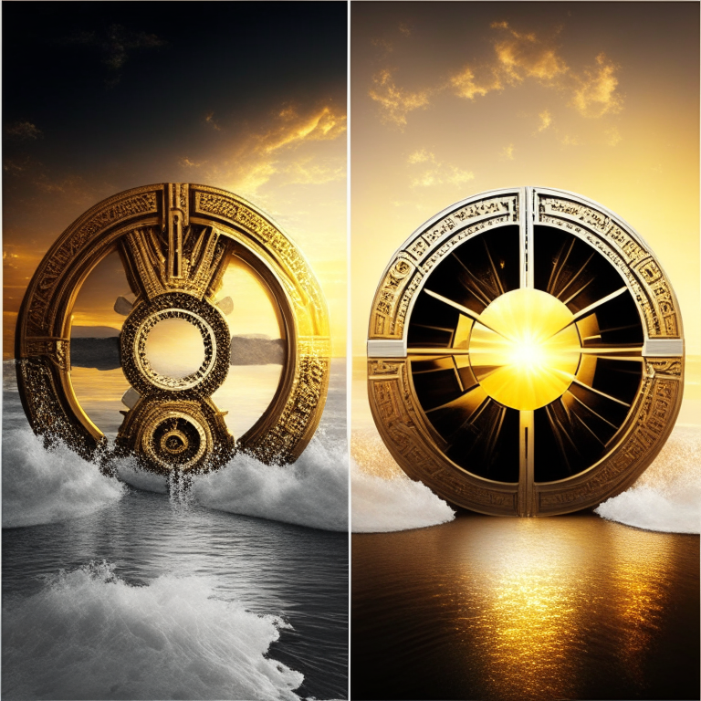 nether portal, gold bricks, gold filigree, one portal white marble; the other portal black marble, 2 portals left and right seasons. Gold sunset over water, bank vault metal wheel theme