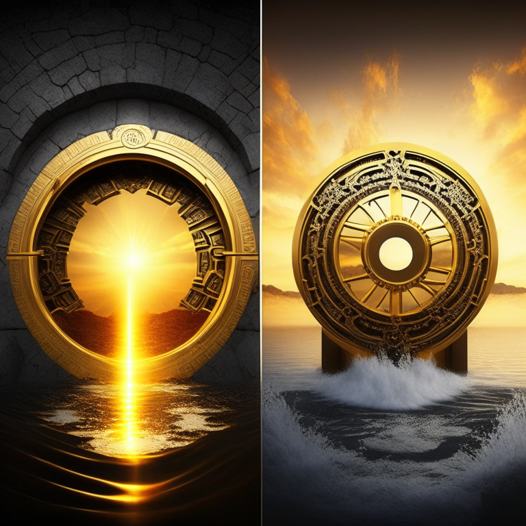 nether portal, gold bricks, gold filigree, one portal white marble; the other portal black marble, 2 portals left and right seasons. Gold sunset over water, bank vault metal wheel theme