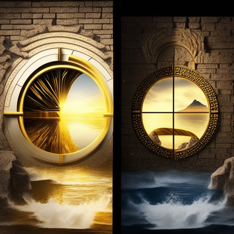 nether portal, gold bricks, gold filigree, one portal white marble; the other portal black marble, 2 portals left and right seasons. Gold sunset over water, bank vault metal wheel theme