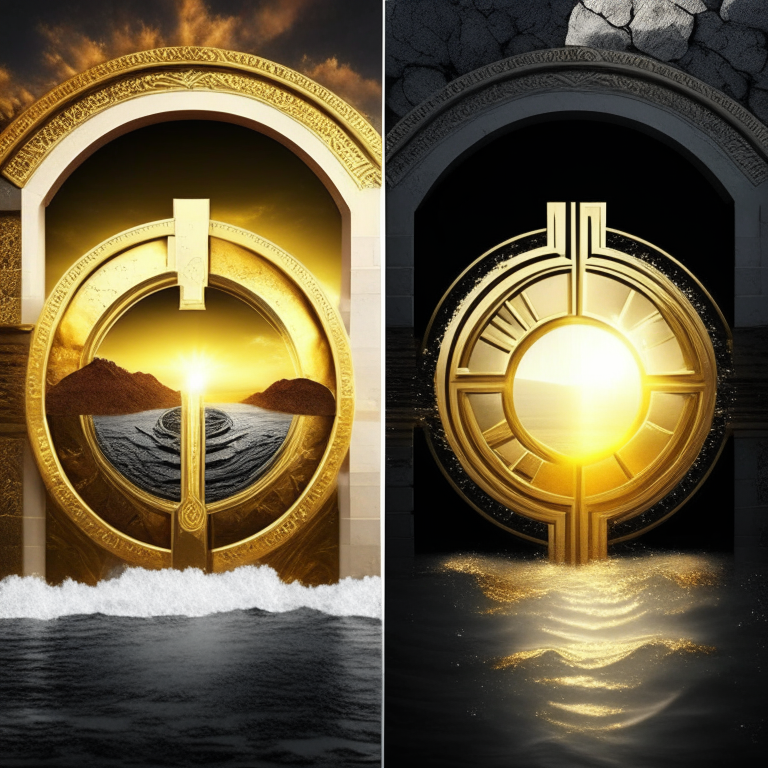 nether portal, gold bricks, gold filigree, one portal white marble; the other portal black marble, 2 portals left and right seasons. Gold sunset over water, bank vault metal wheel theme