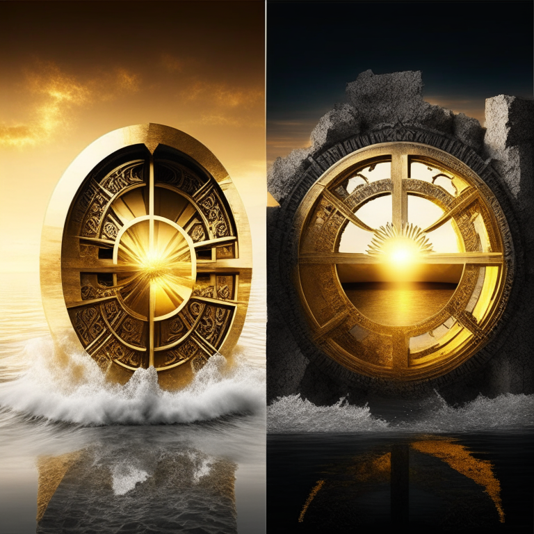 nether portal, gold bricks, gold filigree, one portal white marble; the other portal black marble, 2 portals left and right seasons. Gold sunset over water, bank vault metal wheel theme