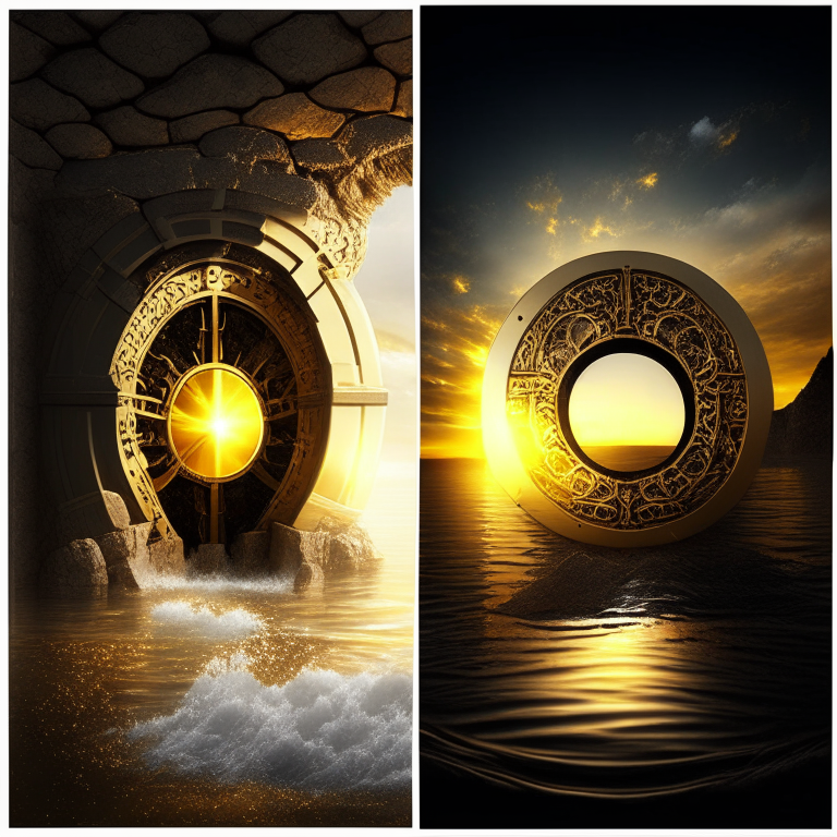 nether portal, gold bricks, gold filigree, one portal white marble; the other portal black marble, 2 portals left and right seasons. Gold sunset over water, bank vault metal wheel theme