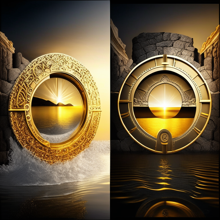 nether portal, gold bricks, gold filigree, one portal white marble; the other portal black marble, 2 portals left and right seasons. Gold sunset over water, bank vault metal wheel theme